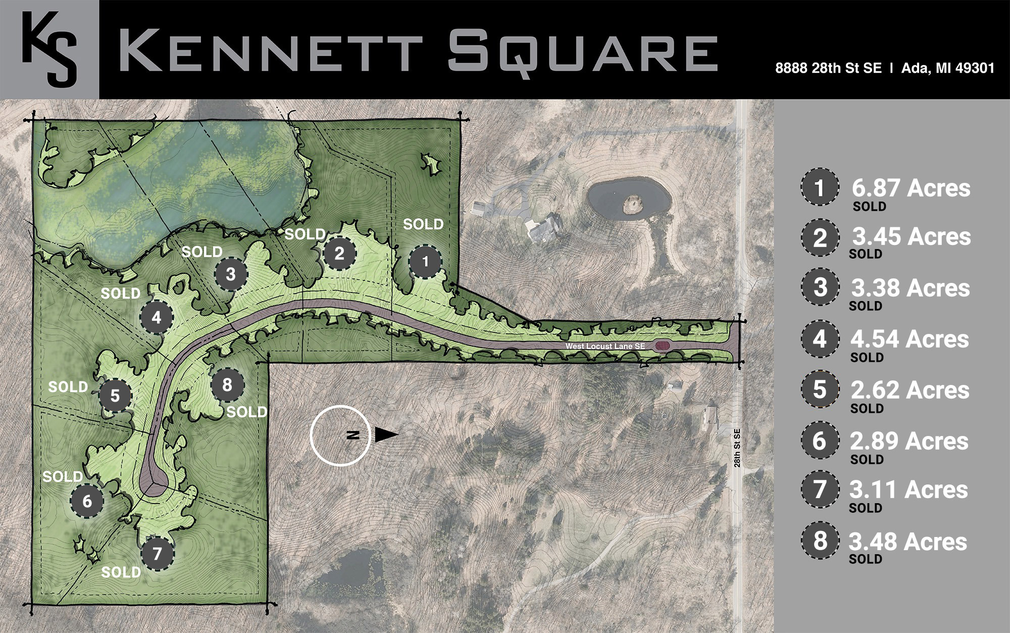 map of planned development with link to development address - 8888 28th Street, Ada Michigan. Parcels described below. All parcels sold.