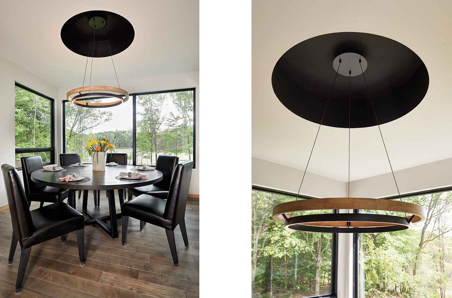 Dining area with a sculptural light fixture