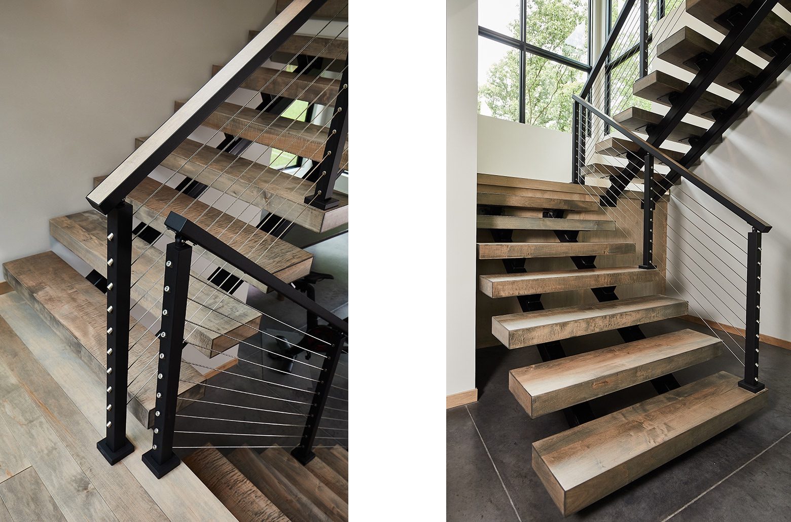 Wooden stairs with modern wire details on the railings