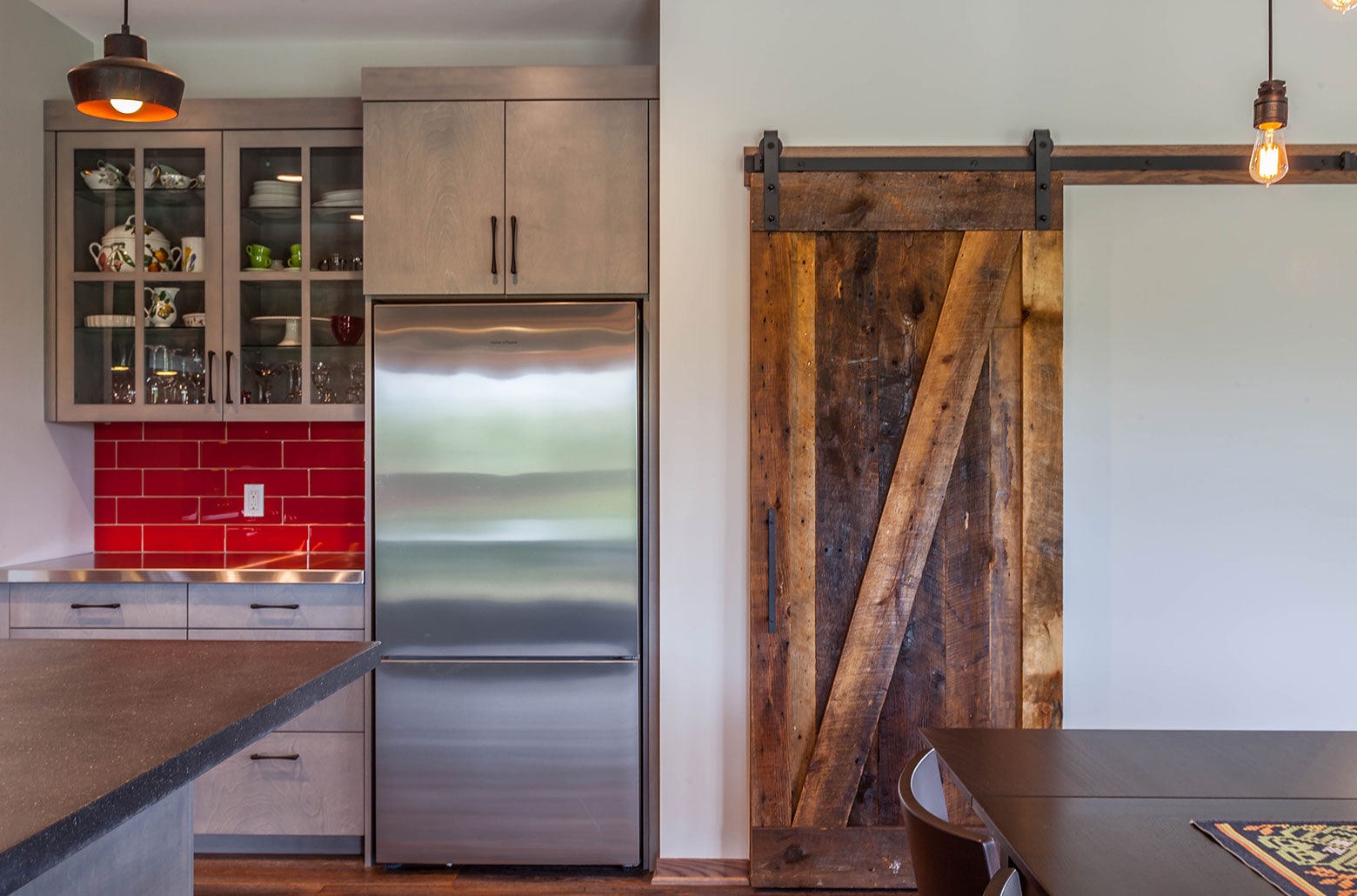 refrigerator and wood sliding door