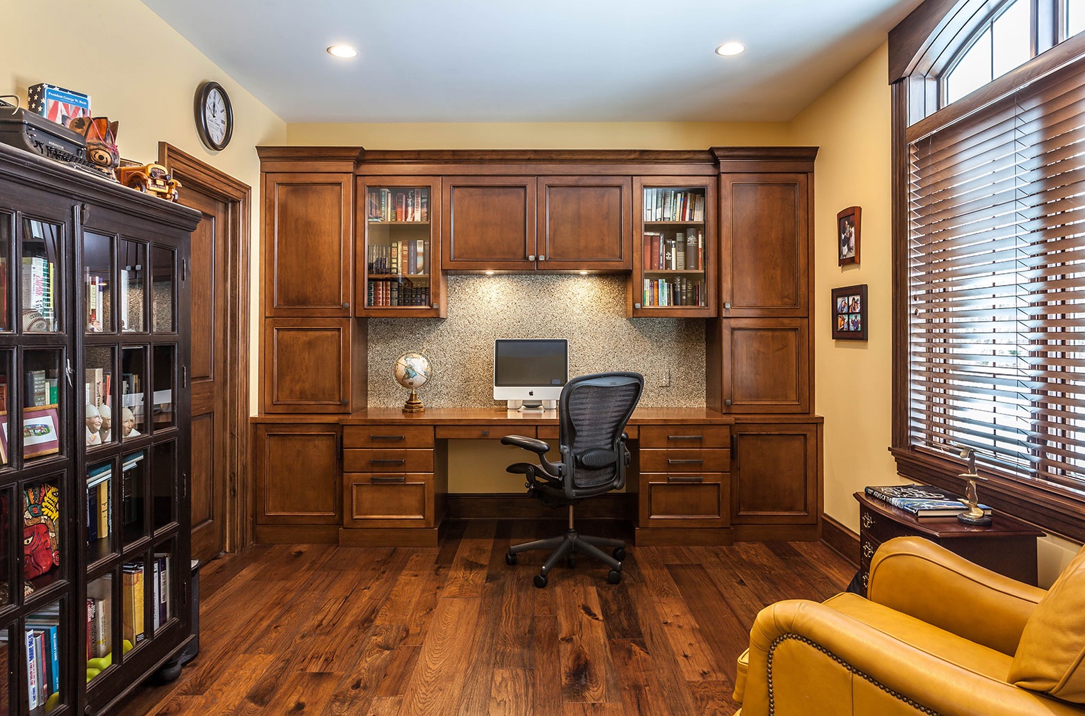 home office with wood shelves